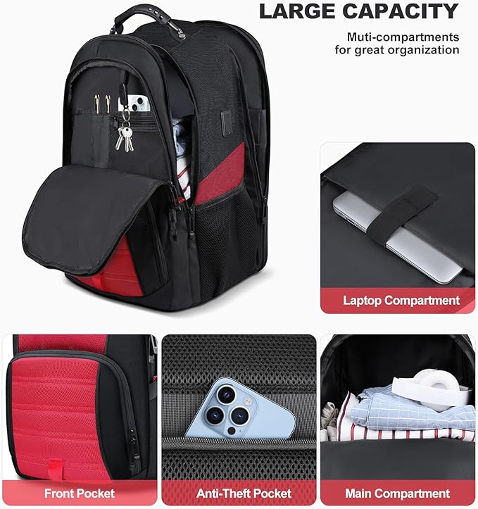 50L Extra Large Backpack,Laptop Backpack, Travel Backpack for Men, Big Backpack, Water Resistant School Approved Business Work Computer Heavy Duty Bag with USB Port, Fits 17 Inch Laptop, Red