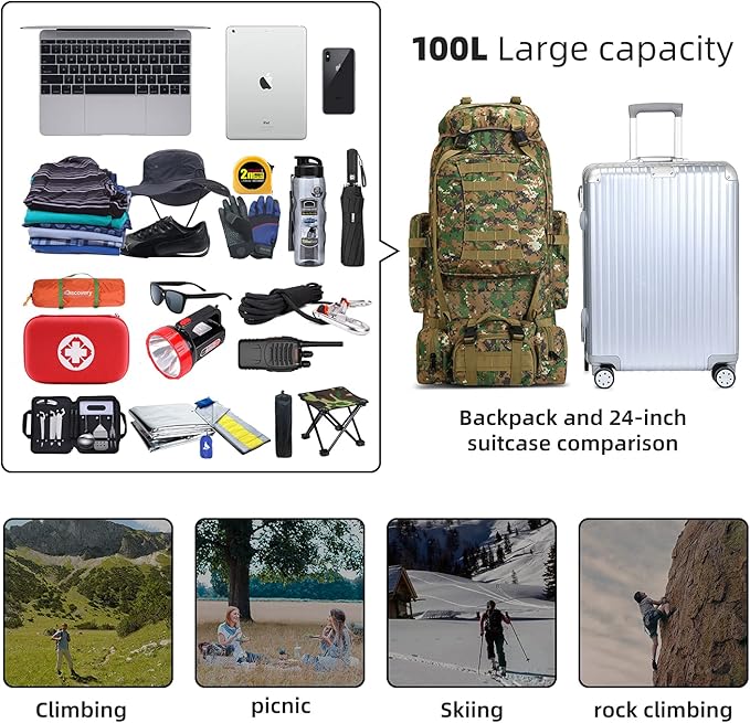 HongXingHai 100L Camping Hiking Backpack,Molle military Tactical rucksack backpack,Waterproof Lightweight Hiking Backpack (Woodland Camo-C)