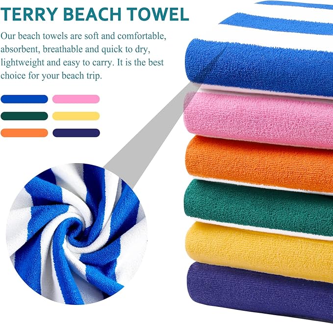 4 Packs Oversized Stripe Beach Towel Thin Terry Set for Women Men 72X40 in Absorbent Big Extra Large XL Clearance Travel FamiliesTowels Accessories Essentials Adults Gift Blue Pink Yellow Green