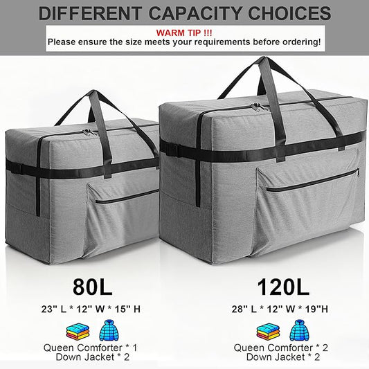 SUNUP Large Duffle Bag for Travel, 120L Foldable Travel Duffel Bag for Men Women, Waterproof Carry On Overnight Weekender Moving Storage Bags, Grey