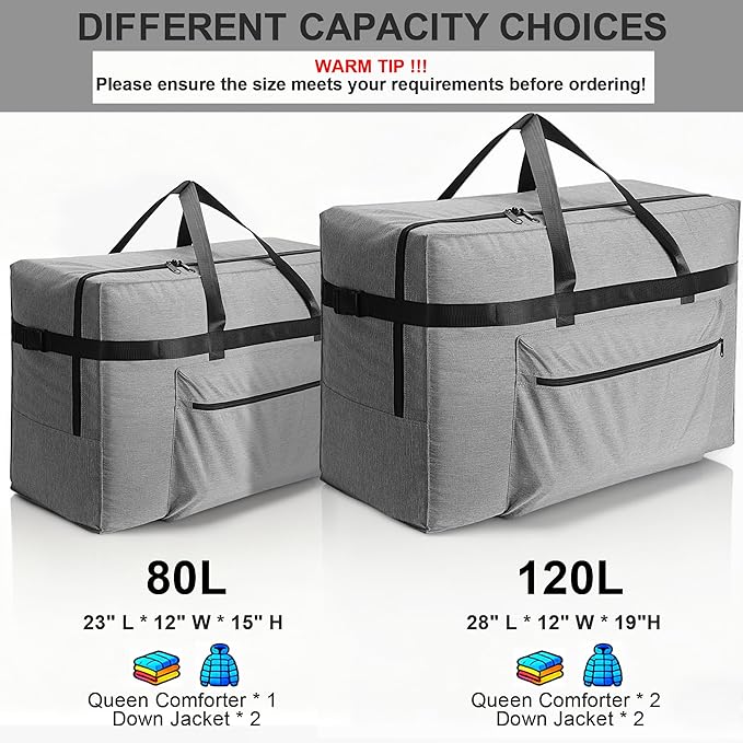 SUNUP Large Duffle Bag for Travel, 80L Foldable Travel Duffel Bag for Men Women, Waterproof Carry On Overnight Weekender Moving Storage Bags, Grey