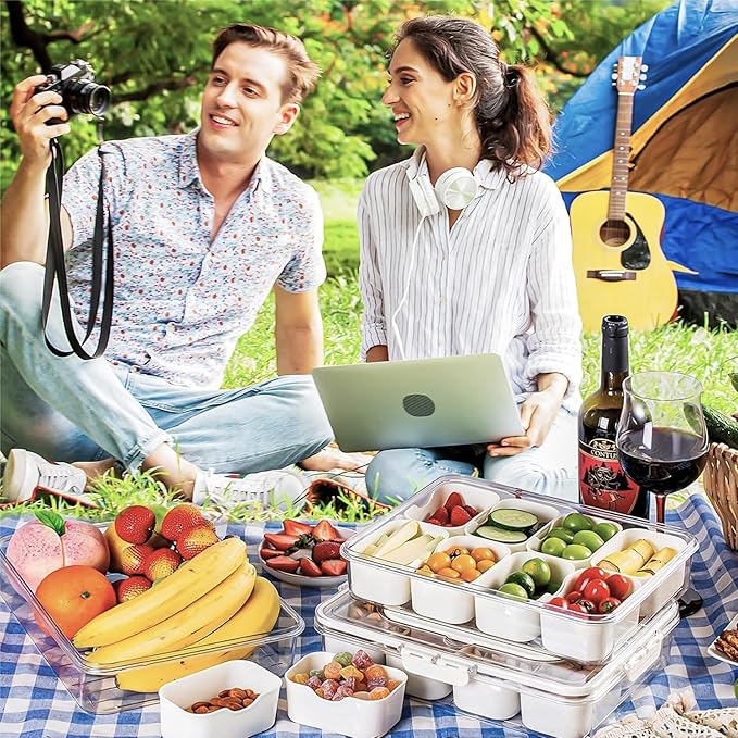 Snackle Box Container, Premium 2-Pack Divided Serving Tray & Lid with 8 Compartments, Large Durable Snackle Boxes for Parties – Snack box container, Perfect for Treats & Gifts (PET)