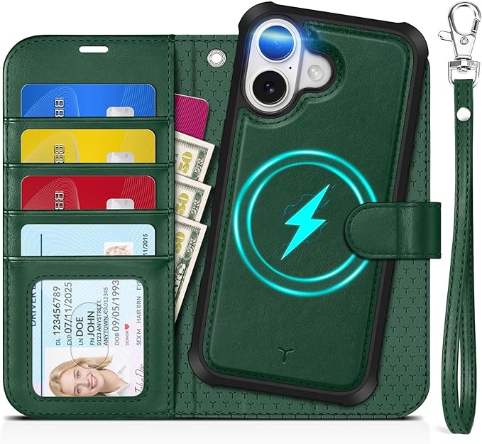 TUCCH Detachable Case Wallet for iPhone 17 (6.3") 2025, Removable Wrist Strap, Wireless Charging, Stand, 4 Card Slots RFID Blocking, 2-in-1 Magnetic, PU Leather, Shockproof Folio Cover, Evergreen