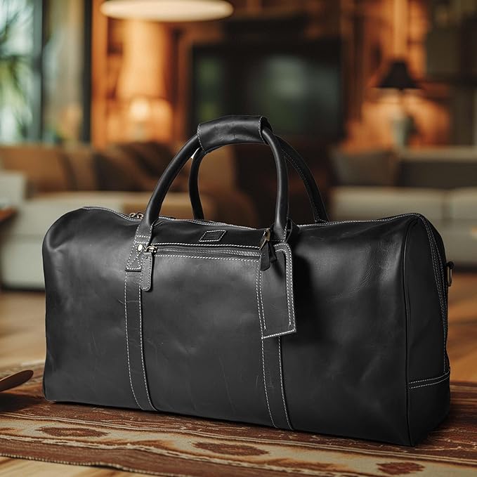 Leather Village Premium Leather Duffel Bags for Men & Women-Stylish Travel Weekender Carry-On Sports Gym Overnight Luggage Bag - 24 Inch - Black