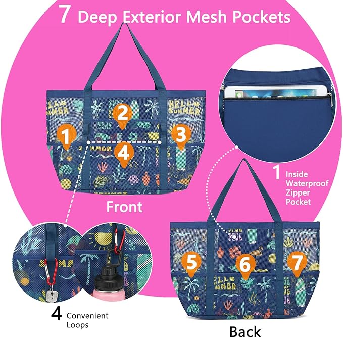 Mesh Beach Bag, Large Beach Tote with Zipper Pocket for Family Pool Bag for Toys & Vacation Essentials