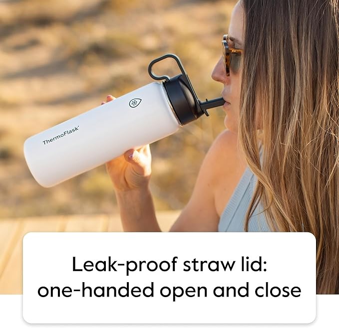 Thermoflask 24 oz Bottle with Spout and Straw Lid - Stainless Steel, Double-Wall Insulation & BPA-Free - Leakproof, Resuable - White/Coral (2 Pack)