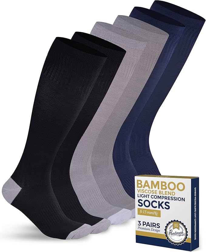 Pembrook Bamboo Viscose Light Compression Socks - 3 Pairs | 8-15 mmhg Compression Socks | Knee High Comfort Support Socks