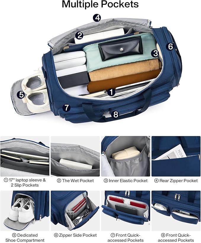 MILADA Carry On Luggage Bags for Travel Large Foldable Duffle Bag for Travel Lightweight Personal Bags for Airplanes Weekend Overnight Bags for Women Mens Travel Bag, Blue