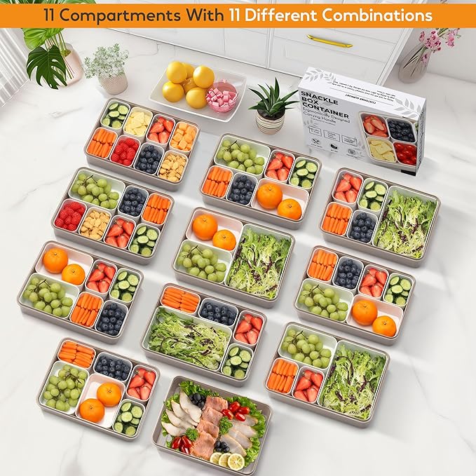Snackle Box Container for Adults, 11 in 1 Divided Serving Tray Snack Box Containers with Stackable Compartment and Handle, Customizable Charcuterie Boxes Portable Snack Platter for Party Travel, Brown