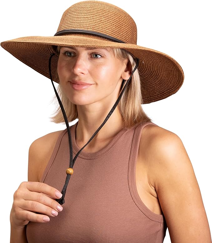 Sloggers Women's Wide Brim Braided Sun Hat with Wind Lanyard - UPF 50+ Maximum Sun Protection