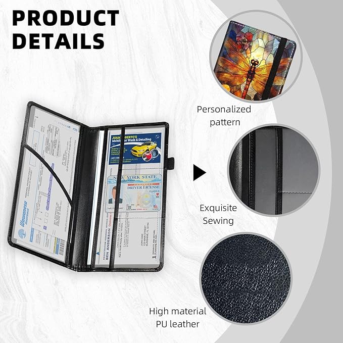 Car Registration and Insurance Holder PU Leather Vehicle Insurance and Registration Holders Wallet Case with Elastic Band Closure for ID Card, Driving Licence, Dragonfly Stained Glass