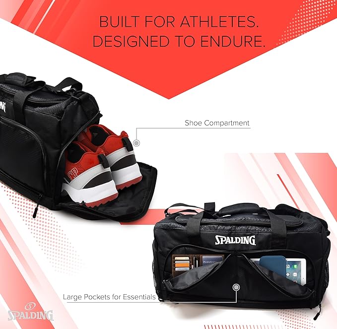 Spalding Gym Bag for Women and Men, Large Sports Duffle Bag with Shoe and Wet Pocket, 10 Zippered Compartments, Waterproof Workout Travel Bags with Adjustable Strap, Lightweight Fitness Duffel, Black
