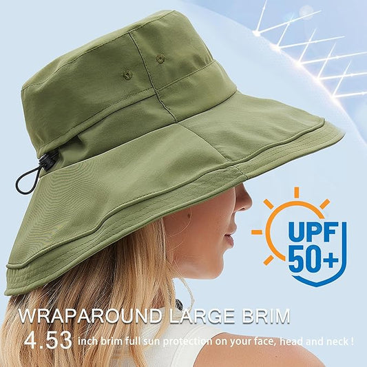 Sun Hats for Women Men UV Protection Wide Brim Bucket Hat with Ponytail Hole Waterproof Gardening Fold-Up Summer Cap