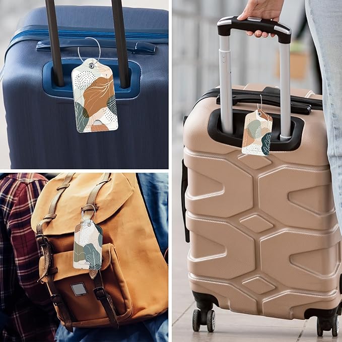 Rimilak 3 Pcs PU Leather Luggage Tags for Suitcase, Travel Cruise Luggage Tag with Privacy Flap, Name ID Label and Metal Loop for Women Men Baggage Handbag School Bag Backpack, White Leaves