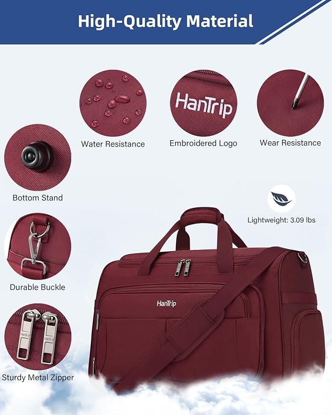 HanTrip Carry on Duffel Bag Foldable Duffle Bags for Travel, Large Personal Item Bags for Airplanes, Weekender Overnight Mens Travel Tote Bag for Women Softside Carry on Luggage (Burgundy)