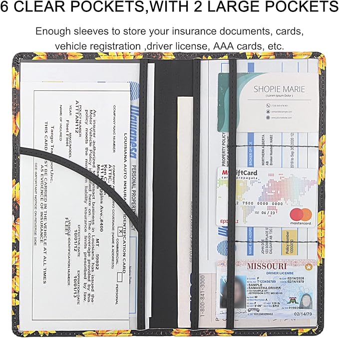 Premium Car Registration & Insurance Card Holder with Magnetic Shut, Vehicle Glove Box Car Organizer - For Documents, Cards, License (Sunflower B)