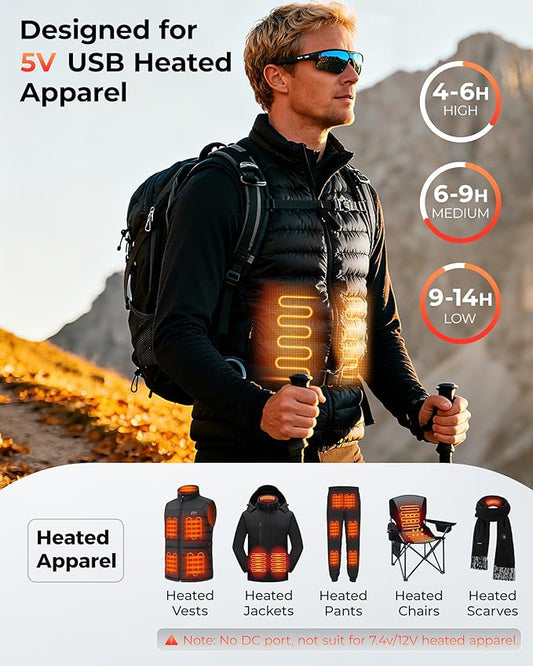 5V 12000mAh Heated Vest Battery Pack, Pocket Size Power Bank with LED Display, Type-C Input, and Dual USB-A Output for Heated Apparel, Vest, Seat, Blanket