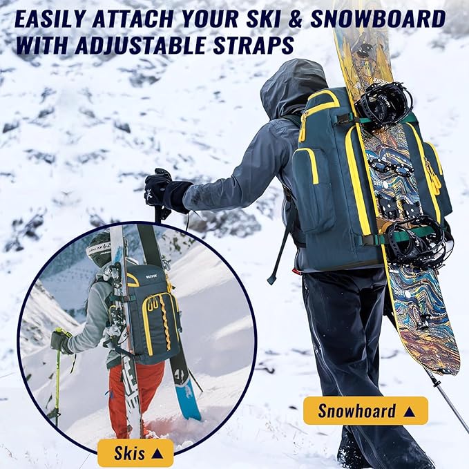 Ski Boot Bag, 65L Durable Travel Backpack, 1680D Nylon Waterproof Snowboard Boot Bag, Skiing and Snowboarding Travel Luggage for Helmet, Goggles, Gloves, Outerwear & Accessories