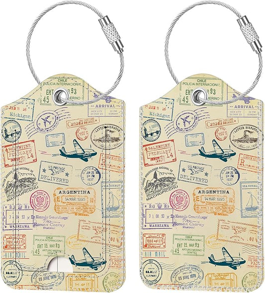 Fintie Luggage Tags, Privacy Cover ID Label with Stainless Steel Loop and Address Card for Travel Bag Suitcase - Postmark (2 Piece)