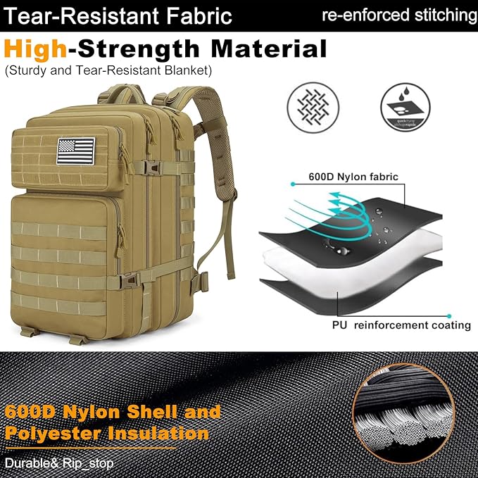Tactical Backpack 45L Military Rucksack, Water Resistant MOLLE Assault Pack, Large 3 Day Bug Out Bag for Men & Women, Durable Outdoor Gear for Hiking, Camping, Hunting, Travel (Khaki)