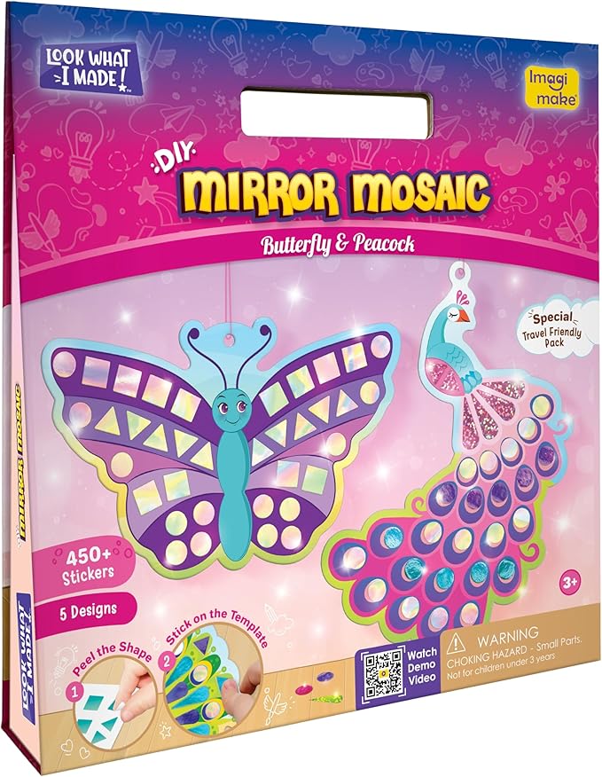 Imagimake Mirror Mosaic Butterfly & Peacock Kids Art Set | DIY Craft Kit | Foil Stickers for Girls | Crative Mosaic Kit | Christmas Activities for Kids | Christmas Gifts for Girls & Boys Ages 3-5-8-10