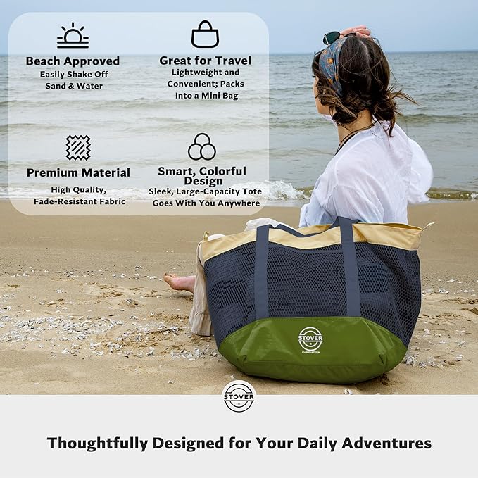 STOVER Large Mesh Beach Bag, Vacation, Pool, Shopping, & Travel Tote - Foldable w/Storage Pockets for Women, Men & Families