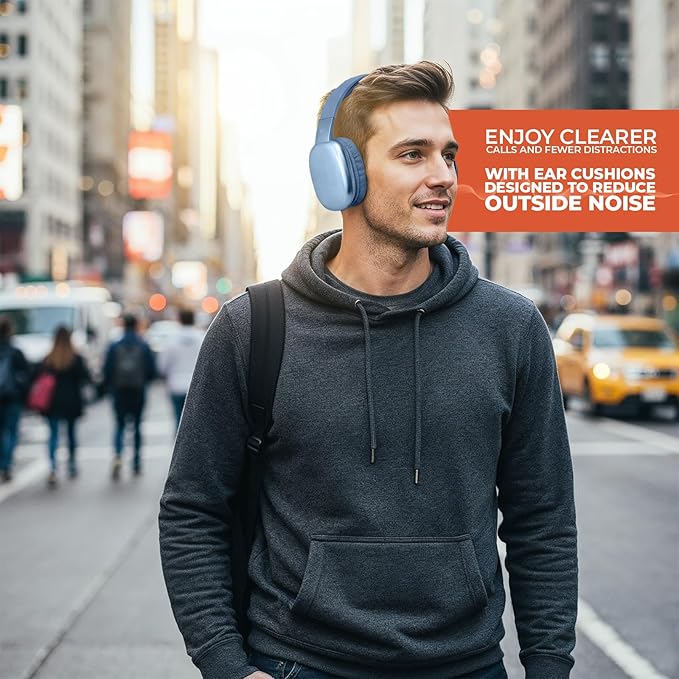 iJoy Ultra Wireless Over-Ear Bluetooth Headphones with Mic, Up to 10 Hours Playtime, Bluetooth Headset 33Ft Range with Backup AUX Cable & SD Slot, Wireless Headphones for Gaming, Work & Gym (Blue)