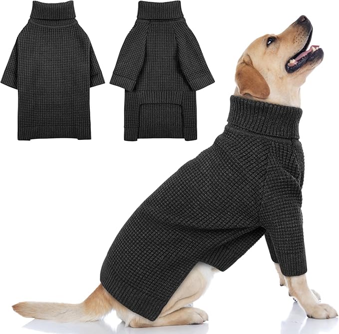 Queenmore Dog Turtleneck Long Sleeve Knitted Pet Sweater with Check Pattern - Fall Winter Warm Dog & Cat Sweater, Charcoal Gray XL