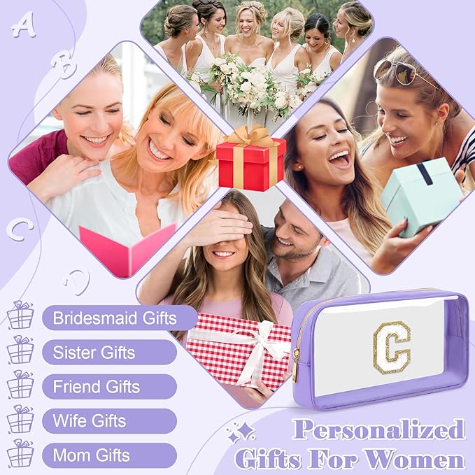 Personalized Initial Letter Clear Makeup Bag,Preppy Small Nylon&PVC Cosmetic Zipper Bag with Chenille Letter,Travel Skincare Toiletry Bag,Monogram Christmas Gift for Teen Girls Women,C