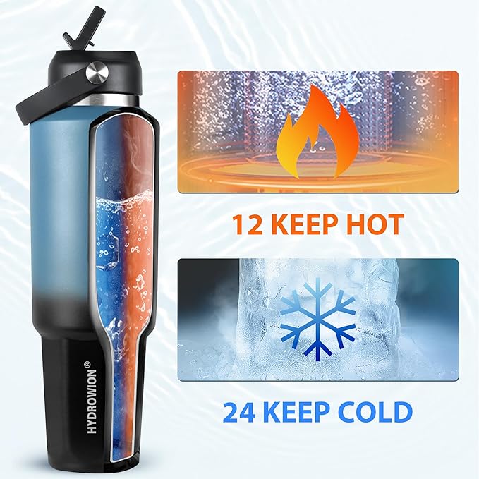 HYDROWION 40 oz Insulated Water Bottle, Car Water Bottle Holder - Double Wall Vacuum Insulated Travel Bottle with Straw Lid, Spout Lid and Flex Cap - Cold for 24H, Hot for 12H, Blue - Black