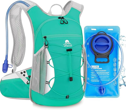 Hydration Backpack with 2L Water Bladder - Lightweight 15L Daypack with Phone-Sized Hip Belt Pockets, Anti-Chafe Cotton Edging & No-Bounce Straps - Small Water Backpack for Hiking, Running, Skiing