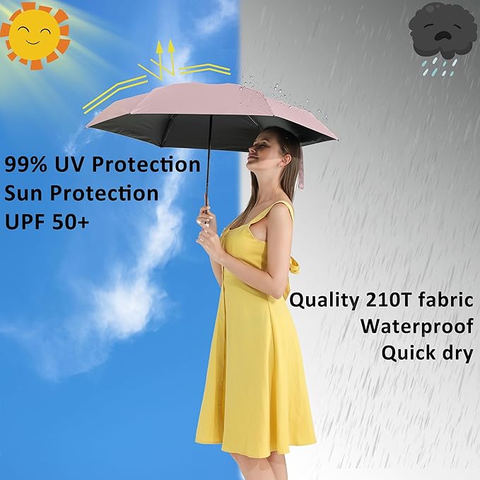 BAODINI Small UV Protection Travel Umbrella Compact for Rain and Sun UPF 50+ Windproof Portable 42 inch Umbrella for Women and Men