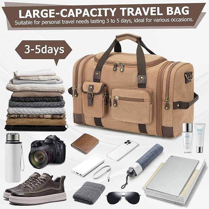 THYWD Canvas Duffle Bag for Travel Men and Women, 55L Expandable Large Overnight Weekender Luggage Bag, Vintage Carry on Bags for Airplanes, Travel, Hospital Labor Delivery, Camping, Gym