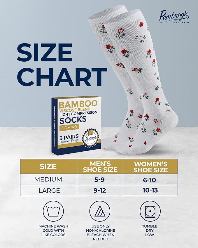 Pembrook Bamboo Viscose Light Compression Socks - 3 Pairs | 8-15 mmhg Compression Socks | Knee High Comfort Support Socks