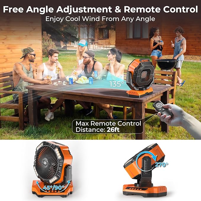 40000mAh Camping Fan with Light - 12in Rechargeable Battery Powered Fan (136H Cool Max), 90°Auto Oscillating with Remote & Charger, 4 Speeds & Timers for Outdoor/Patio/Garage/Jobsite/Hurricane/Outage