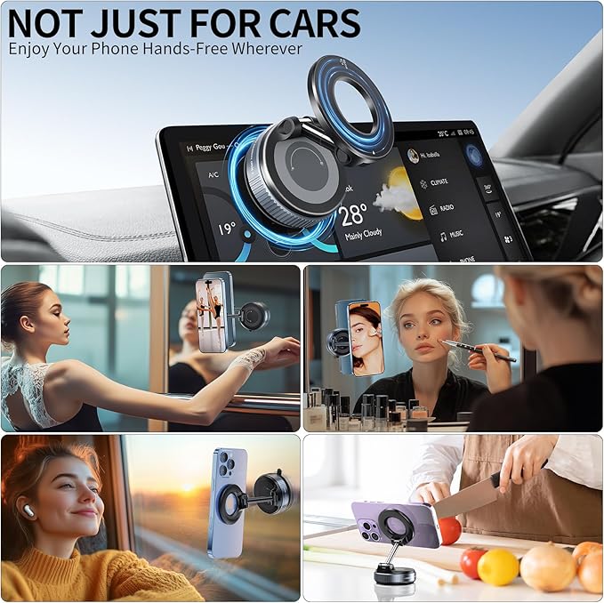 Vacuum Suction Magnetic Phone Holder, 2025 Upgraded Foldable Retractable Suction Cup Car Phone Mount for Magsafe, 360° Adjustable Magnetic Phone Stand for Cars/Gyms/Mirrors/Smooth Surface
