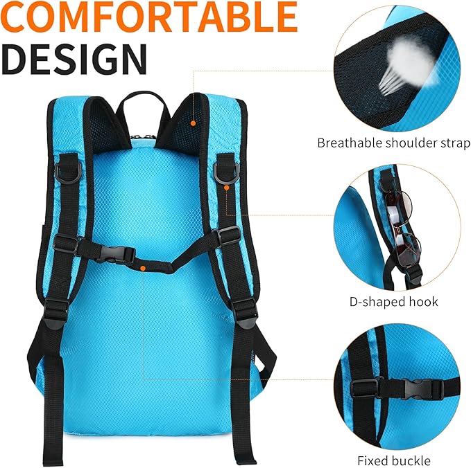 Small Hiking Backpack 15L Travel Lightweight Hiking Packable Daypack Water-Resistant Foldable Backpacks for Women Men Camping (Blue)