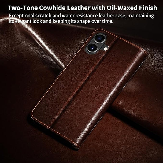Belemay Leather Wallet Case Compatible with iPhone 17, Premium Cowhide Leather Two-Tone Effect, RFID Blocking Card Holders, Shockproof TPU Shell, Kickstand, Protective Flip Cover, 6.3", Brown