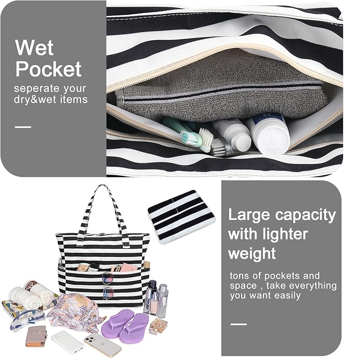Beach Pool Bags Tote for Women Ladies Large Gym Tote Carry On Bag With Wet Compartment for Weekender Travel Waterproof