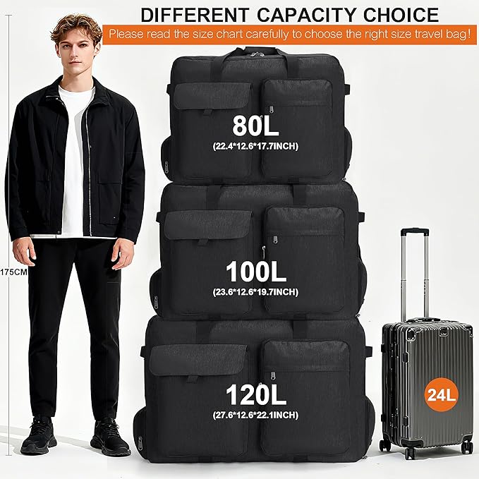 Large Travel Duffle Bag for Men Women, 80L 100L 120L Foldable Waterproof Duffle Bag, Packable Bag with Shoes Compartment for Overnight Gym Weekender Bag (Black, 80L)