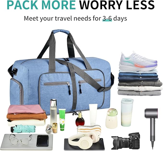 Dimayar 40L Travel Duffle Bag for Men Women - Foldable Duffel Bag with Shoes Compartment - Overnight Bags Waterproof & Tear Resistant(Blue)