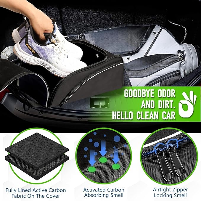 Smell Proof Shoe Cleat Bag for Travel Men - Golf Soccer Zippered Sport Shoe Carrier Bags with Ventilation & Side Pockets for Socks, Tees, Golf Balls; Golf Accessories Fathers Dad Day Gifts for Men