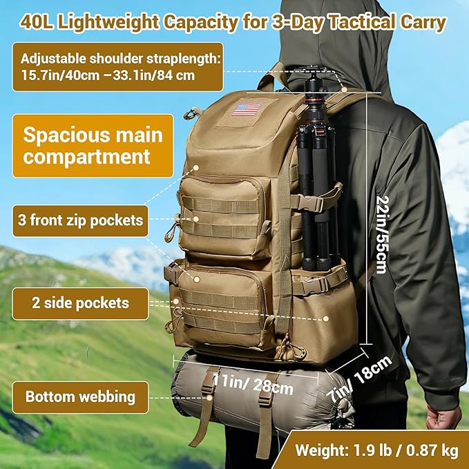 kokkoya Lightweight Tactical Backpacks with Laptop Compartment for Men 40L EDC MOLLE Military Style 17 in Computer with Cup Holder Travel Hiking Daypack (Khaki)