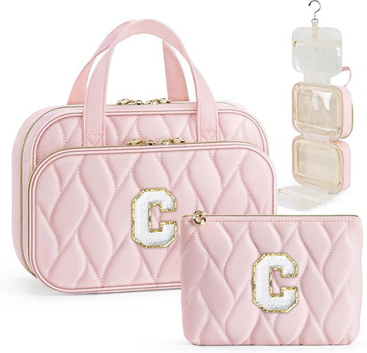YOOLIFE Personalized Birthday Gifts for Women Teen Girls - Hanging Toiletry Bag Makeup Bag for Women Girls, Initial Toiletry Bag Makeup Bag Pink Letter C