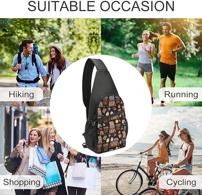 SWEET TANG Women's Cool Chest Bag Gym Sack Fashion Sling Shoulder Backpack Outdoor Sports Daypack Reading Book Is My Happy Place, Multipurpose Adjustable Bag Small Camera Case for Daily Use