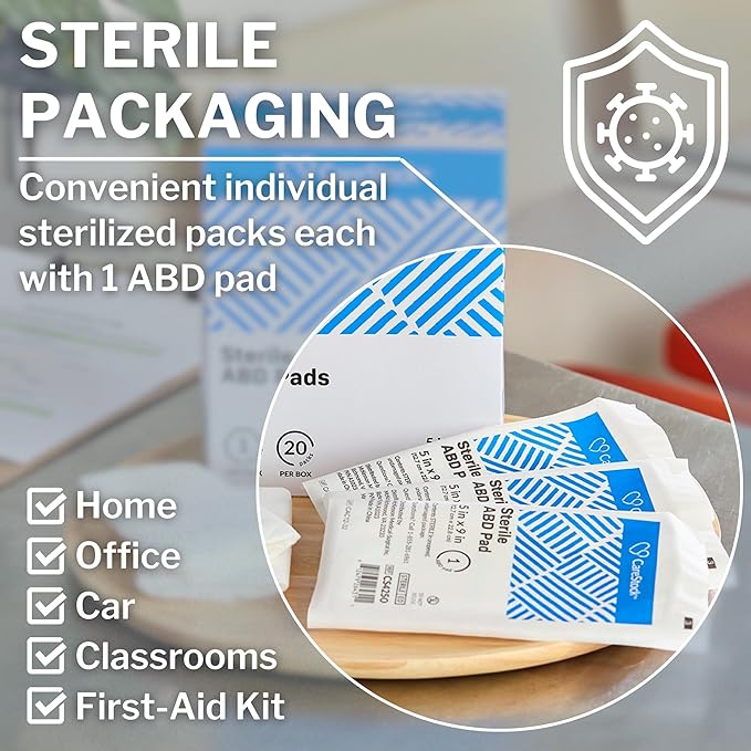 CareStock Abdominal Pads 5x9 in [20-Pack] Sterile ABD Pads, Extra Absorbent, Individually Wrapped, Wound Care First Aid