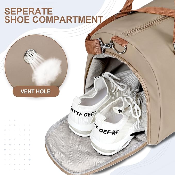 FIORETTO Womens Gym Tote Duffle Weekender Bag with Wet Pocket & Shoe Compartment, Ideal for Travel, Swimming, Dance, Khaki