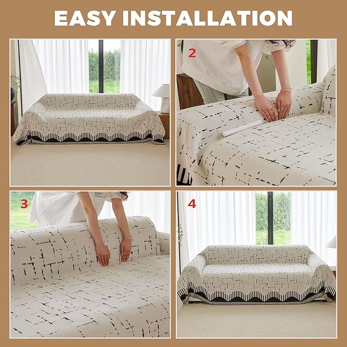 Boho Couch Cover for Dogs - Pet Proof Sofa Covers for 2 Cushion Couch, Non-Slip Chenille Sofa Slipcover, Pet Friendly Furniture Cover Fits Love Seat, 71"x118", Beige