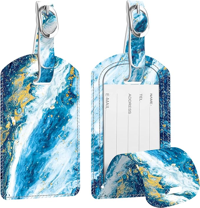 FINTIE 2 Pack Luggage Tags, Leather Name ID Labels with Privacy Cover for Travel Bag Suitcase, Theme - Sandy Wave