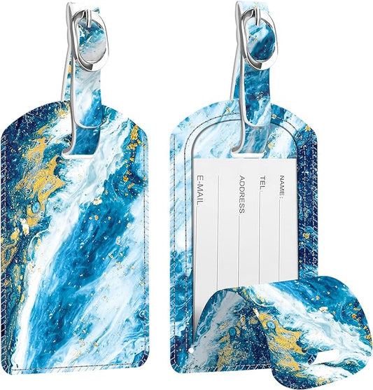 FINTIE 2 Pack Luggage Tags, Leather Name ID Labels with Privacy Cover for Travel Bag Suitcase, Theme - Sandy Wave